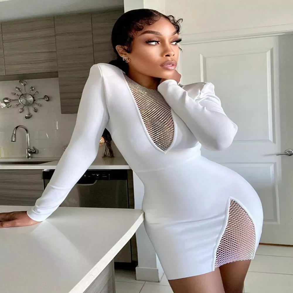 Bodycon Dress For Women Long Sleeve Sexy  Bodycon Mini Dress Bandage Fashion Diamond Mesh Nightclub Party Celebrate Dress Wholesale