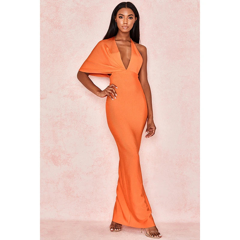 Bodycon Draped Backless Side Split Evening Party Dresses New Sexy V Neck Orange Black Long Bandage Dress Vestidos