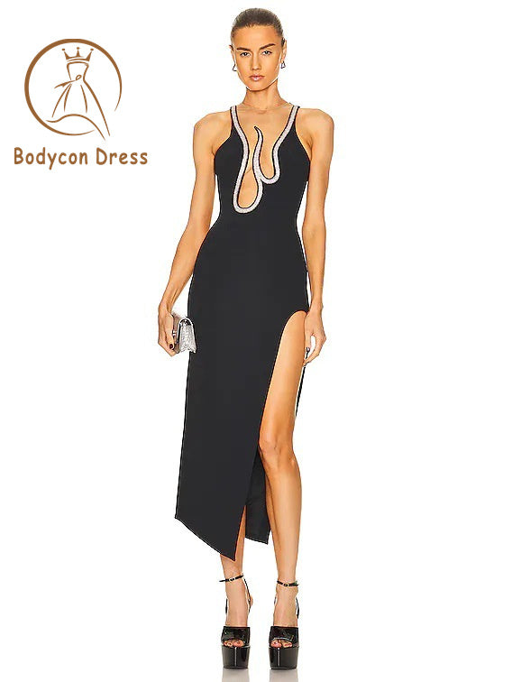 Bodycon Dress For Women Mesh Perspective Rhinestones Sexy Evening Celebrity Cocktail Party Bandag Dress