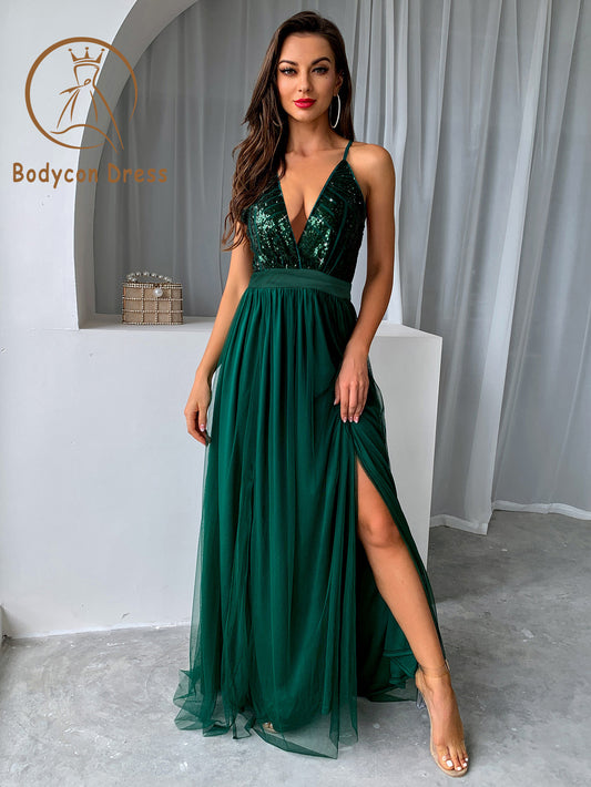 Bodycon Dress For Women Mesh Sequins V-neck Cocktail Party Dresses Backless Maxi Long Bodycon Dress Elegant Party Dresses