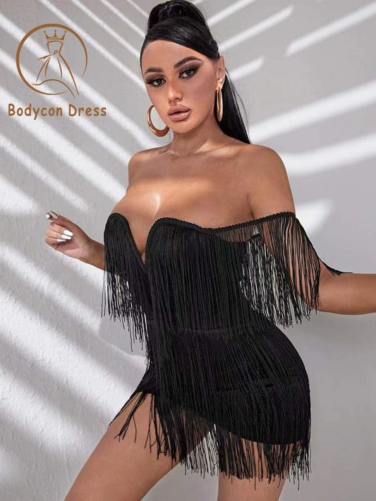 Bodycon Dress For Women Off Shoulder Bandage Dress Sexy Strapless Tassel Night Club Celebrity Evening Party Mini Dress Vestido