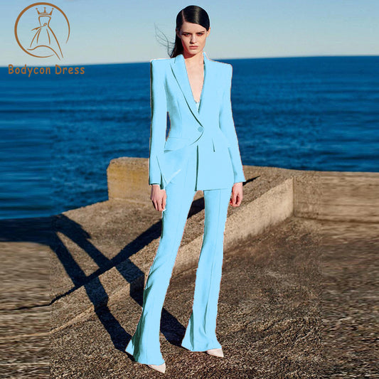 Bodycon Newest Designer Runway Suit Set Women's Single Button Slim Fitting Blazer Flare Pants Suit