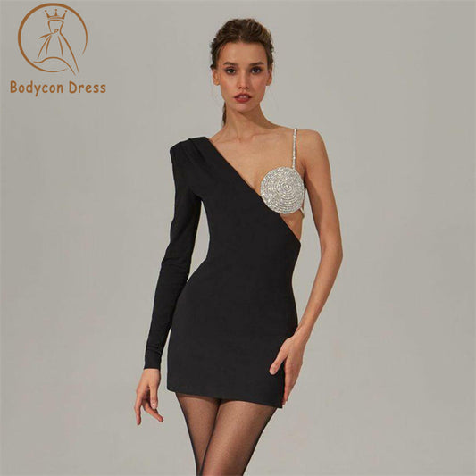 Bodycon Dress One Shoulder Dress Sexy Women Luxury Diamonds Straps Bra Club Clothing Chic Long Sleeve Mini Dresses