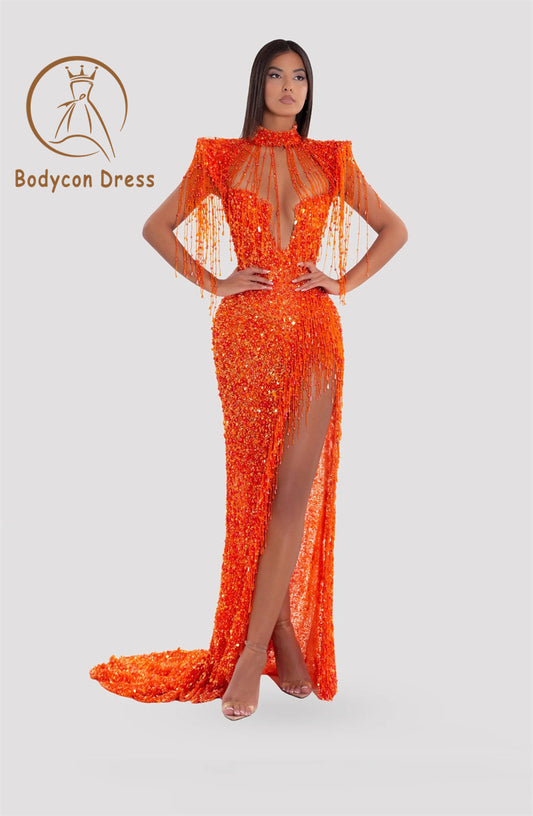 Bodycon Dress For Women Luxury Sexy Short Sleeve Mesh Sequins Orange Maxi Long Dress Elegant Party Evening Stage Performance Dress Vestido