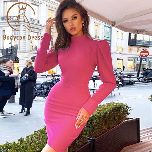 Bodycon Dress for Women Sexy Long Sleeve  O Neck Mini Bandage Evening Party Dress Vestidos