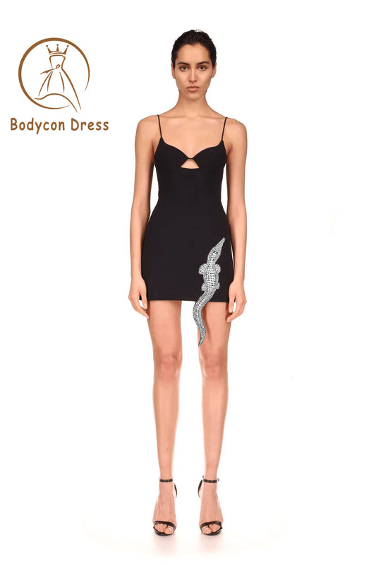Bodycon Dress For Women Luxury Diamond Spaghetti Strap Backless Design Celebrity Club Black Sleeveless Sexy Mini Bandage Dress