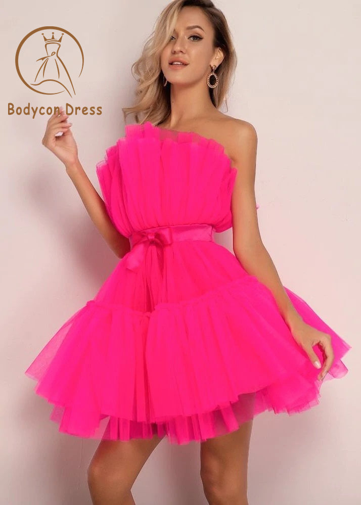 Bodycon Dress For Women Mesh Solid Pink Ruched Halloween Dress Ladies Sashes Strapless Club Loose Dresses Backless High Waist Sexy Party Vestido