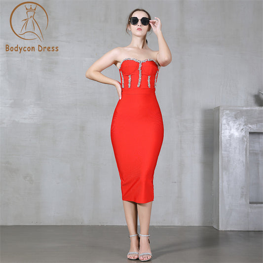 Bodycon DressSexy Strapless Beaded Bandage Dress Women'S Sleeveless Bodycon Midi Dress Club Evening Party Vestidos