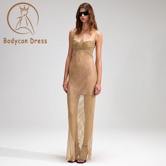 Bodycon Dress For Women Sexy Mesh Perspective Diamond Bra Spaghetti Strap Bandage Long Dress Elegant Celebrity Evening Maxi Dress