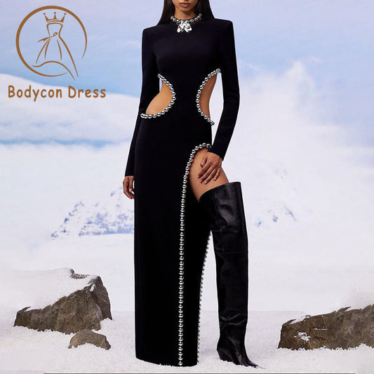 Bodycon Dress For Women Sexy O Neck Cutout Black Beaded Long Bandage Dress Elegant Celebrity Party Dress