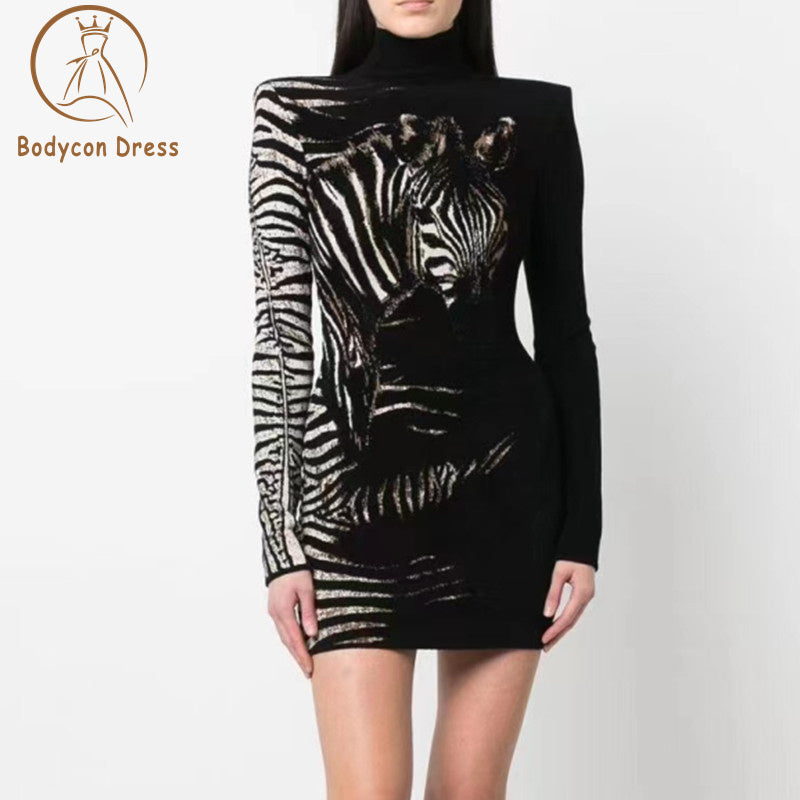 Bodycon Dress Women Casual Fashion Zebra Pattern Design Jacquard Mini Dress