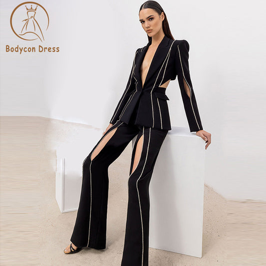 Bodycon Dress Suit Set Women's Single Button Hollow Out Diamonds Beaded Notched Blazer Flare Pants Set