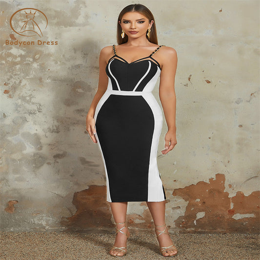 Bodycon Fashion Sleeveless Black White Patchwork Chains Slip Bandage Dresses for WomenSexy Elegant Celebrity Evening Party Dress