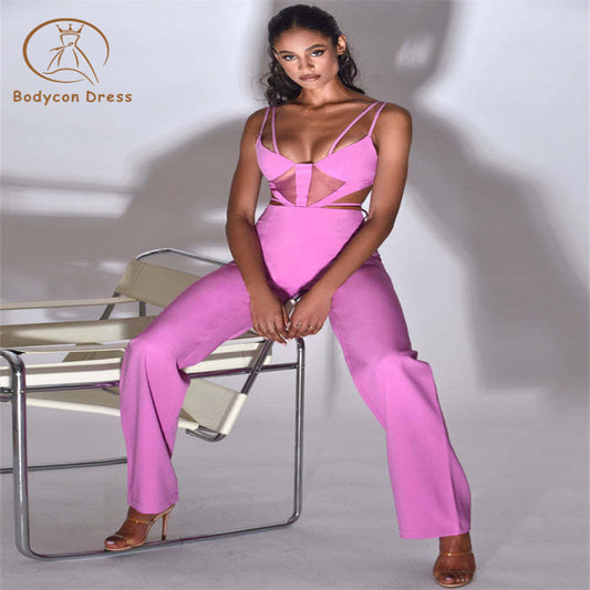 Bodycon Jumpsuit For Women Sexy V Neck Hollow Out Pink Bodycon Bandage Jumpsuit  Celebrity Designer High Street Rompers