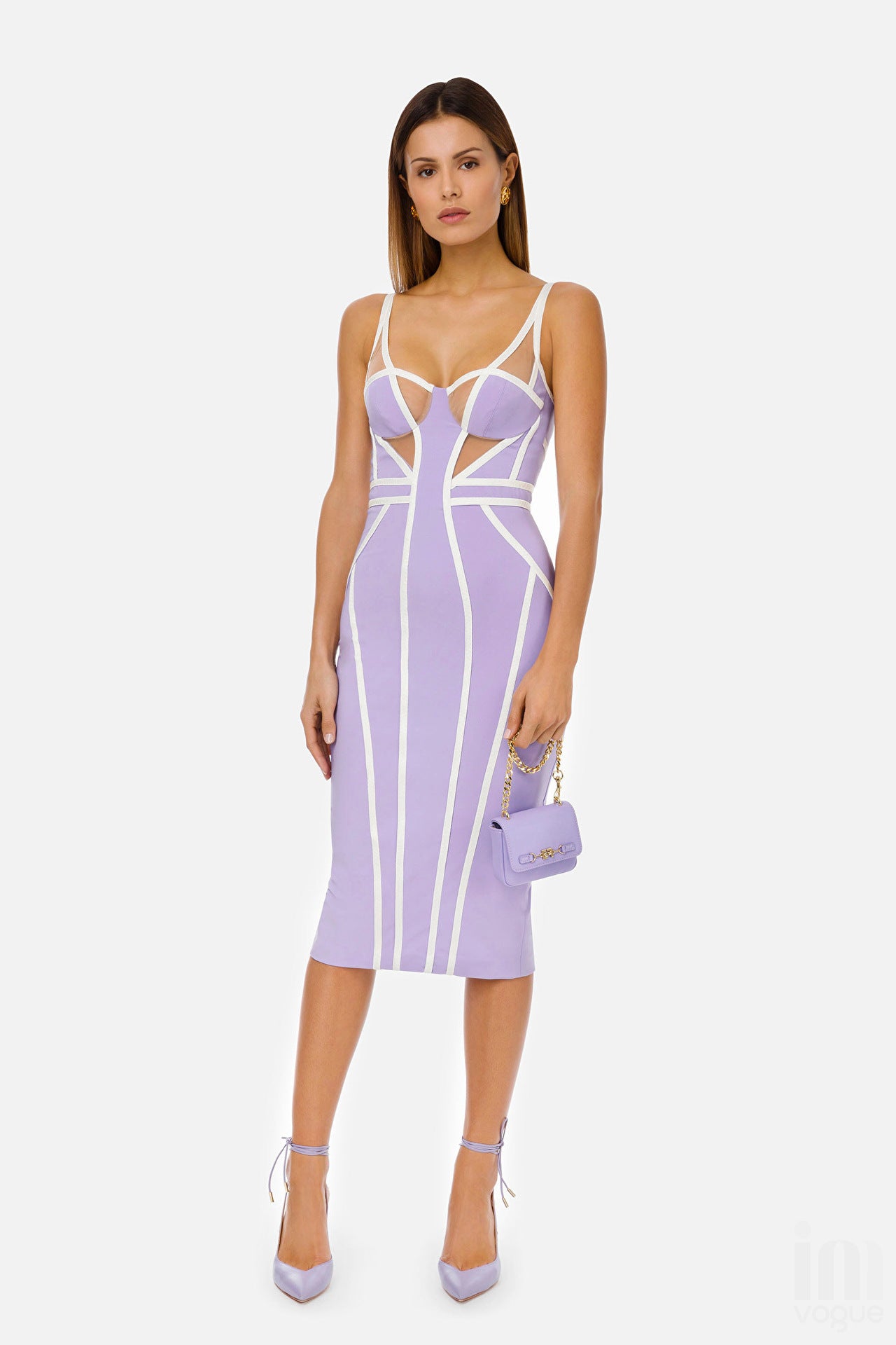 Bodycon Lavender Suspender Skirt Women Fashion Color Matching Sleeveless V-neck Mesh Stitching Knee-length Bandage Dress