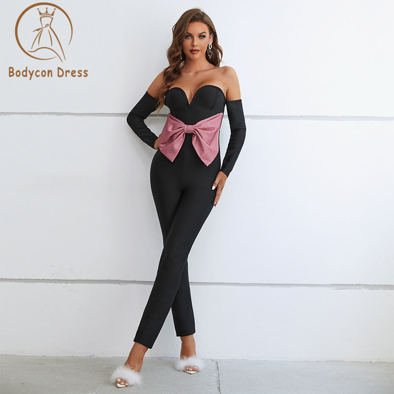 Bodycon Elegant Backless Bow Knot Slim Long Black Jumpsuit Party Gathering