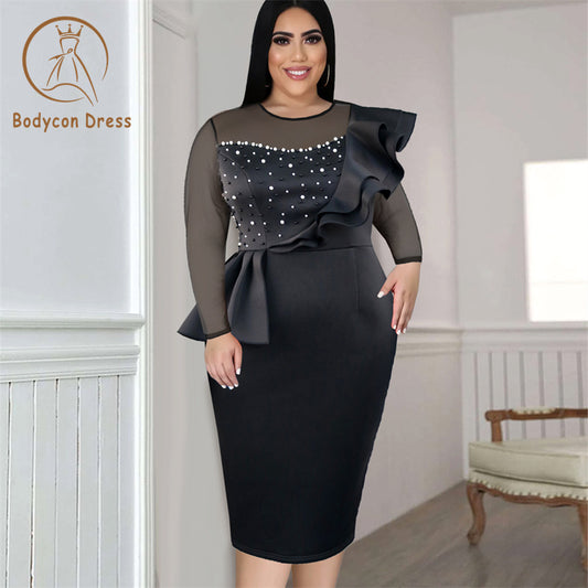 Bodycon Dress For Women White Midi Beads Sheer Long Sleeve Sweetheart Ruffles Peplum Dresses for Wedding Guest Party Birthday