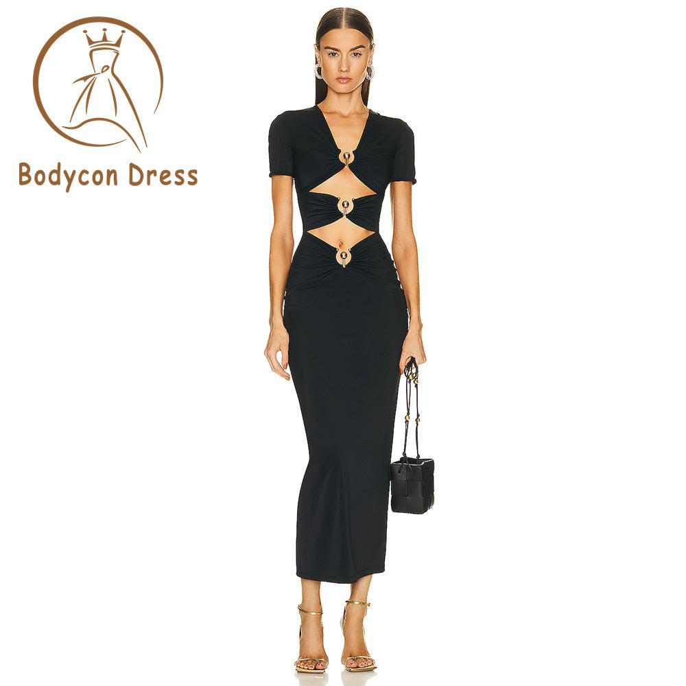 Bodycon Dress For Women Metal Button Sexy Short Sleeve Hollow Out Tight Bandage V Neck Celebrity Party Elegant  Fashion Mid Dresses