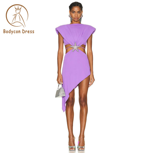 Bodycon Dress For Women Sleeveless Sexy Diamond Starfish Belt Hollow Asymmetric Bandage Dress Elegant Celebrity Party Dress