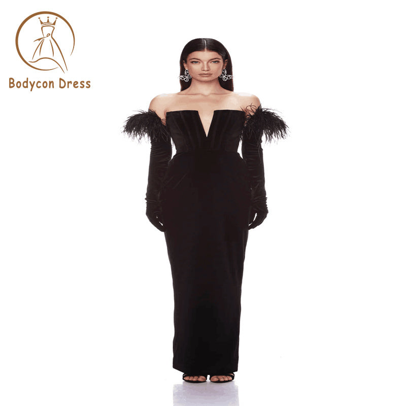 Bodycon Dress For Women Strapless Feather Gloves Design Black Bandage Long Gowns