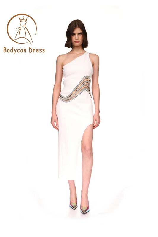 Bodycon Dress For Women Sexy One Shoulder Diamonds White Midi Bodycon Bandage Dress Elegant Evening Club Party Dress