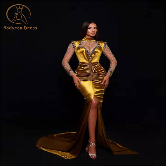 Bodycon Dresses For Women Luxury Crystal Mesh Long Sleeves Maxi Gown Fashion Show Performance Wear