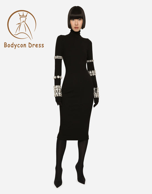 Bodycon Dress For Women Luxury Long Sleeve O-Neck Crystal Diamond Bandage Black Midi Dress Bodycon Party Evening Dress