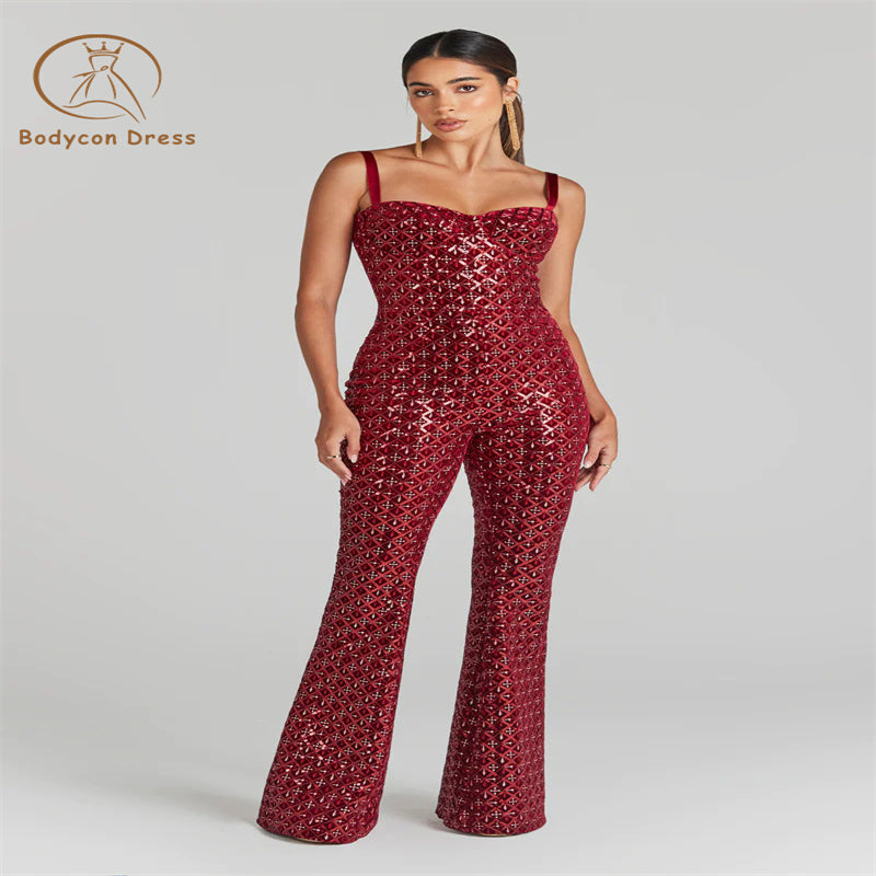 Bodycon Jumpsuit for Women Wine Red Black Sexy Luxury Sequins Sleeveless Backless Long Jumpsuit Elegant Party Jumpsuit