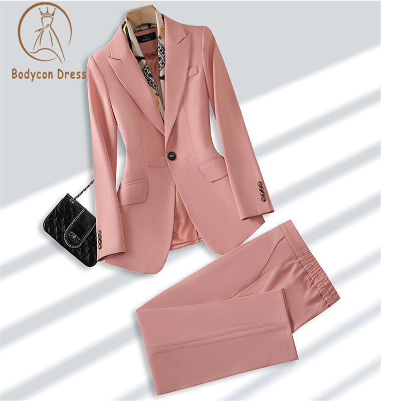 Bodycon Formal Pant Suit Beige Khaki Pink Ladies Blazer Jacket +Trouser Fashion Office Business Work Wear 2 Piece Set