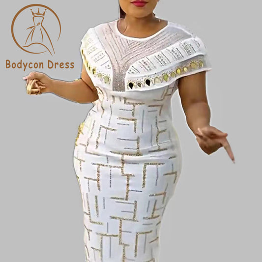 Bodycon Dress For Women O Neck Shiny African Elegant Luxury Rihnestone Patchwork Shiny Large Size Ladies Gowns Summer 2023 New