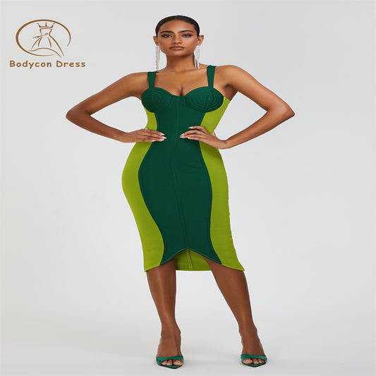 Bodycon Green Sexy Patchwork Strap Bandage Dress Women Elegant Sleeveless  Celebrity Evening Party Dresses Vestido Wholesale