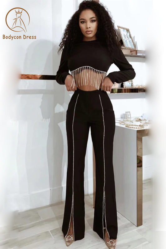 Bodycon Set For Women Autumn Black Long Sleeve O Neck Diamonds Tassel Crop Tops & Split Flare Pantalon De Mujer Women Two Pieces Pants Set