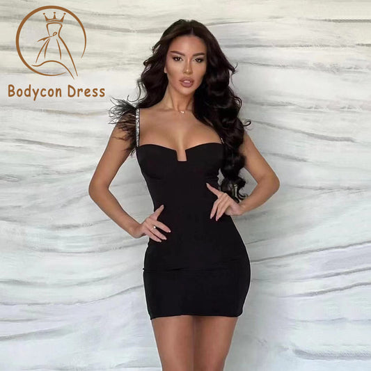 Bodycon Dress for Women Sexy Sleeveless Diamond Bandage Dress Black Feather Elegant Apparel Celebrity Party Club Bodycon Mini Dress