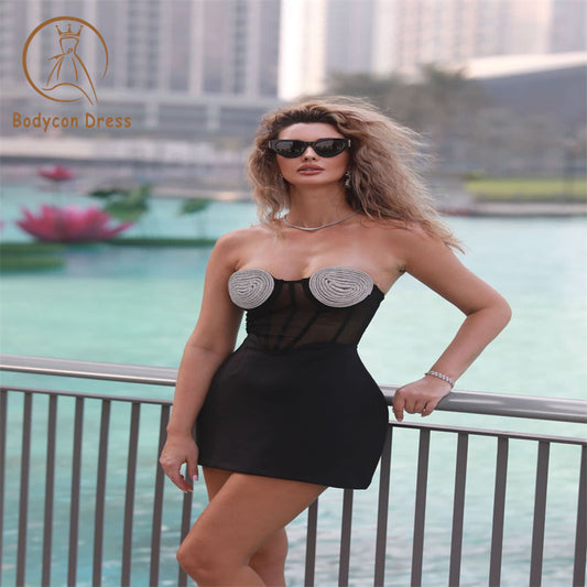 Bodycon Dress For Women Wedding Sweet Heart Shape Crystal Design Strapless A-Line Mini Dress Summer 2023