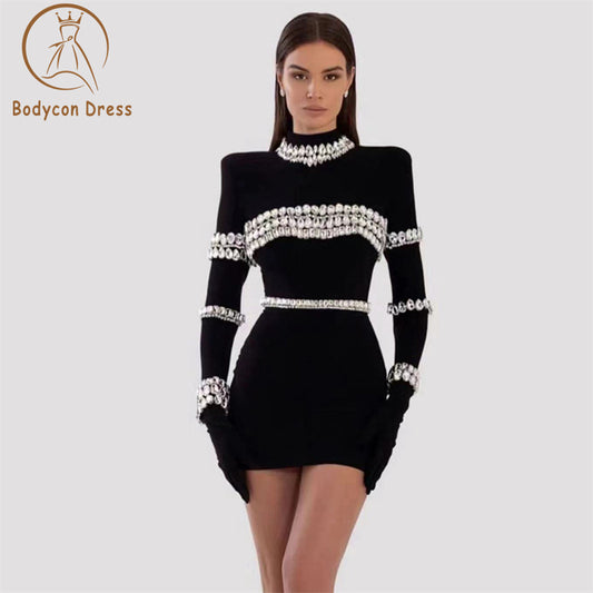 Bodycon Dress Women Black Color Long Sleeve High Neck Beading Bandage Mini Bodycon Dresss Evening Party Dress