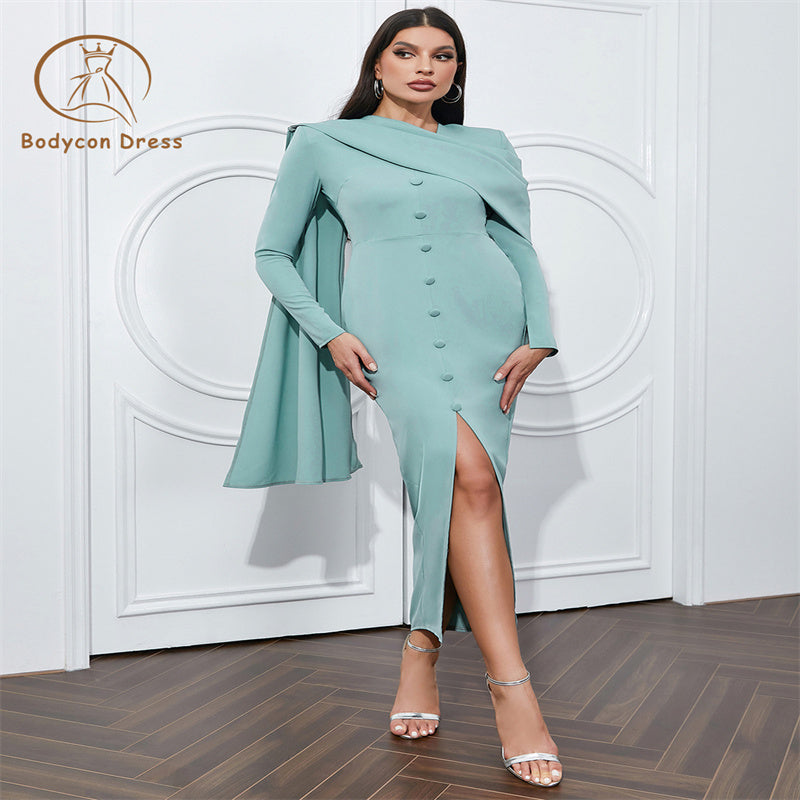 Bodycon Long Sleeve Slim Draped Blue Dress For Women Elegant  Split Outfit Evening Party Dresses Wholesale