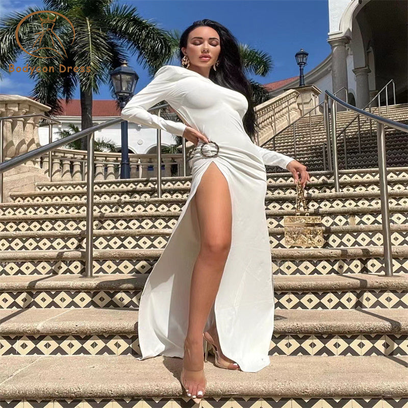 Bodycon Fashion White Sexy High Split Cut Out Long Sleeve Women Celebrity Runway Party Dresses Wedding Long Dress