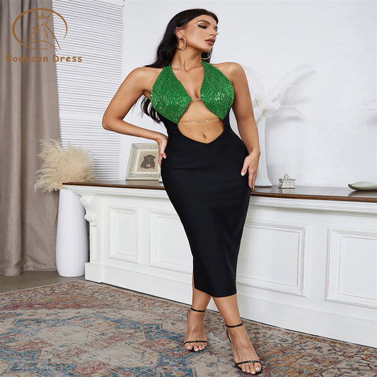 Bodycon V Neck Halter Green Elegant Sleeveless Stitching Sequin Cut Out Mid-Calf Bandage Sexy Evening Club Party Dress
