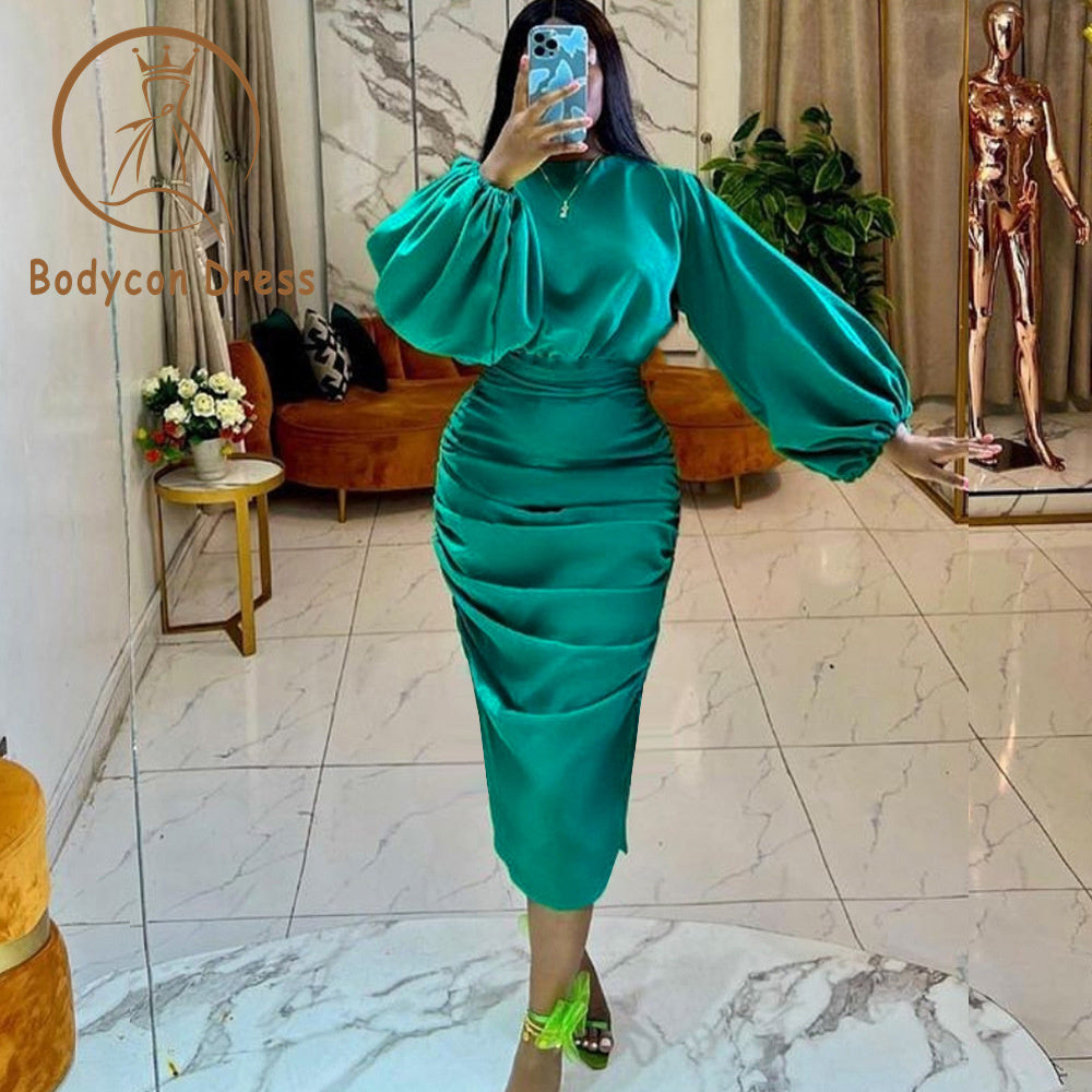 Bodycon Dress For Women Long Sleeve Green Elastic Satin Smocked Midi Dress Elegant Big Size Shiny Evening Christmas Party Church Outfits