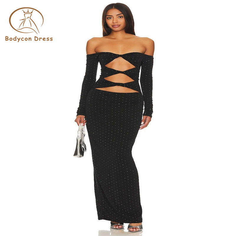 Bodycon Dress Sexy Hollow Off Shoulder Rhinestone Slim Long Dress Black Backless Women Maxi Long sleeved Dresses Party Club Evening