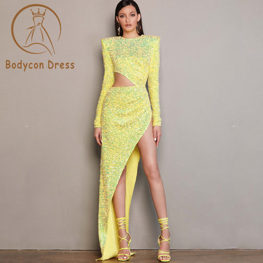 Bodycon Dress For Women Sequins Long Sleeve Round Neck Irregular Hollow High Slit Long Dress Sexy Party Night Club Dress