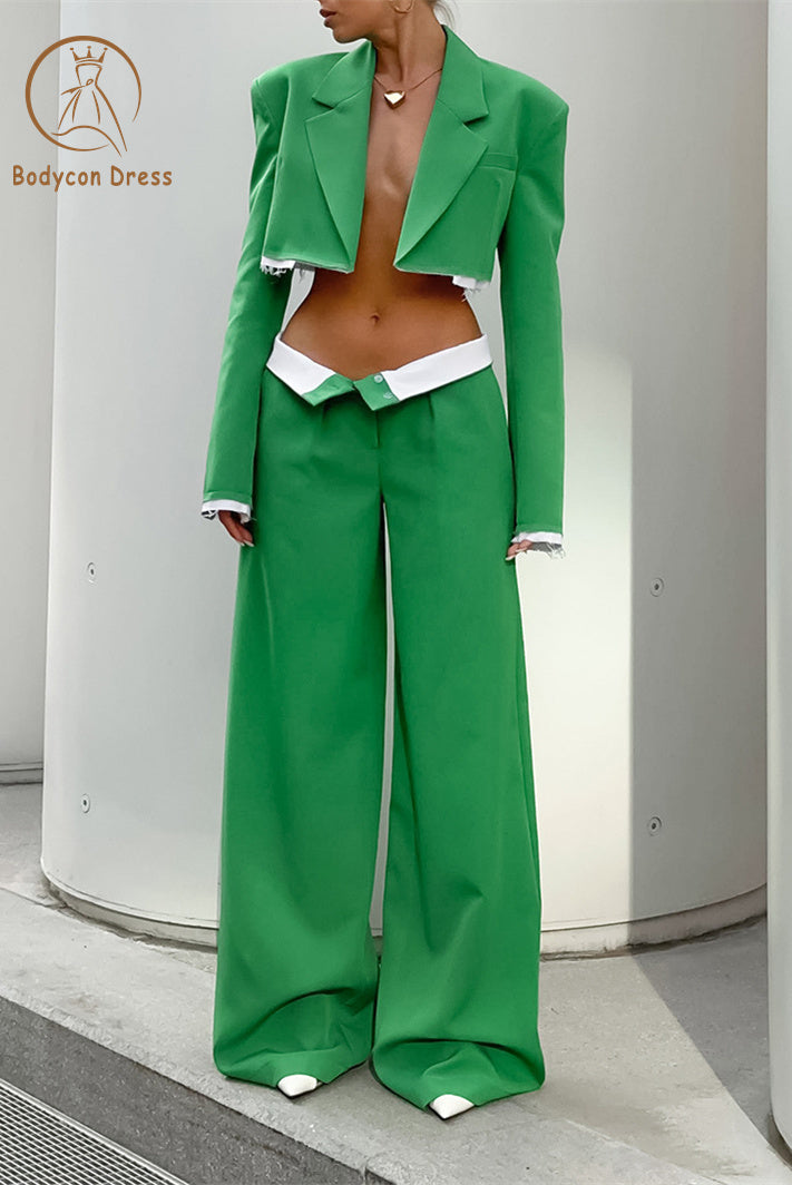 Bodycon Set for Women Green Fashion Casual Short Blazer Women'S Flanging High Waist Wide Leg Pants Suit Two-Piece Sexy Suit