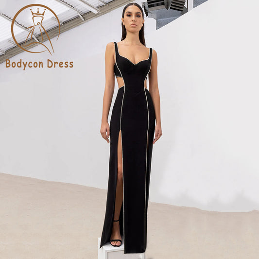 Bodycon Dress For Women Sexy V-neck Sleeveless Hollow out Black Diamond Split Length Bandage Dress Elegant Celebrity Party Dress