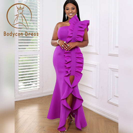 Bodycon Dress For Women Maxi Party Dress One Shoulder Backless Purple Long Ruffles Bodycon Fishtail Evening Event Birthday Gowns African Clubwear