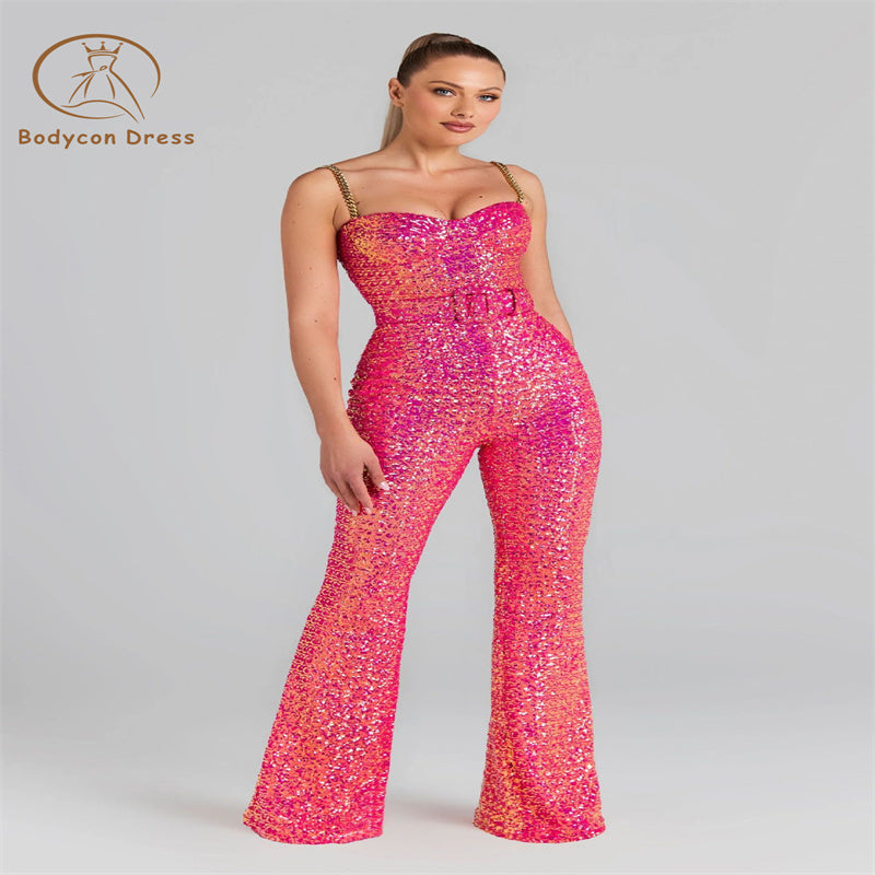 Bodycon Jumpsuit For Women Sexy Sleeveless V-Neck Open Back Chain Belt Tight Pink Long Jumpsuit Celebrity Party Jumpsuit