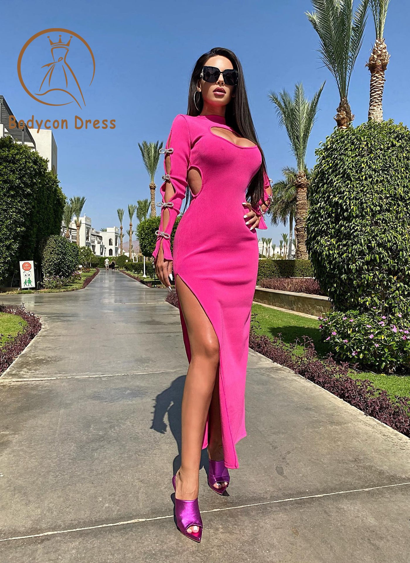 Bodycon Dress For Women Rose Red Black Hollow Long sleeves Backless Boutique Celebrity Cocktail Party Bandage Long Dress