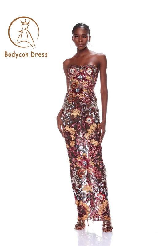 Bodycon Dress For Women Luxury Party Dress Sexy Strapless Sequin Embroidery Patchwork Mesh Long Dress Comes With Lining