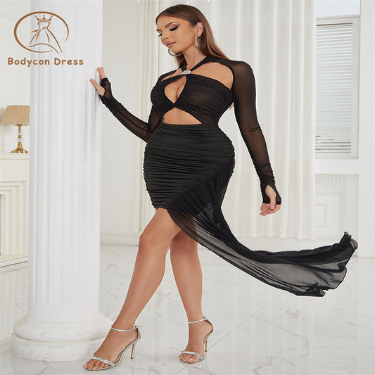 Bodycon Dress Hollow Out Sexy Mini Dress For Women Long Sleeved Robe Patchwork Mesh Inclined Shoulder Irregular Club Party Dress