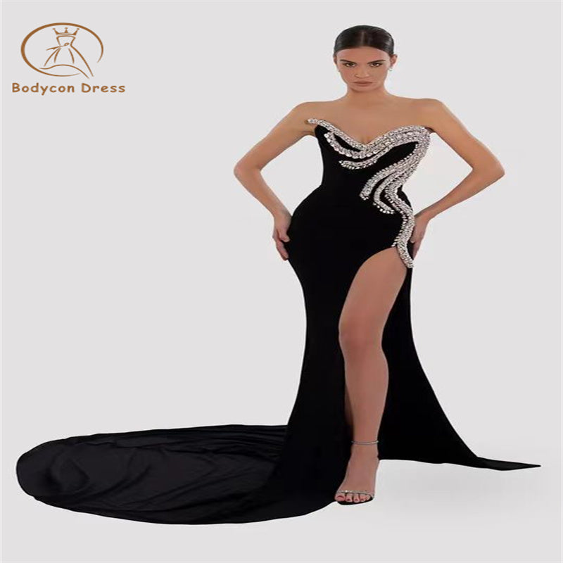 Bodycon Dresses For Women Sexy V Neck High Slit Crystal Design Black Maxi Long Formal Occasions Party Gown