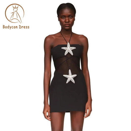 Bodycon Dress For Women Sleeveless Halter Starfish Design Mesh Patchwork Black Bandage Female Clothing